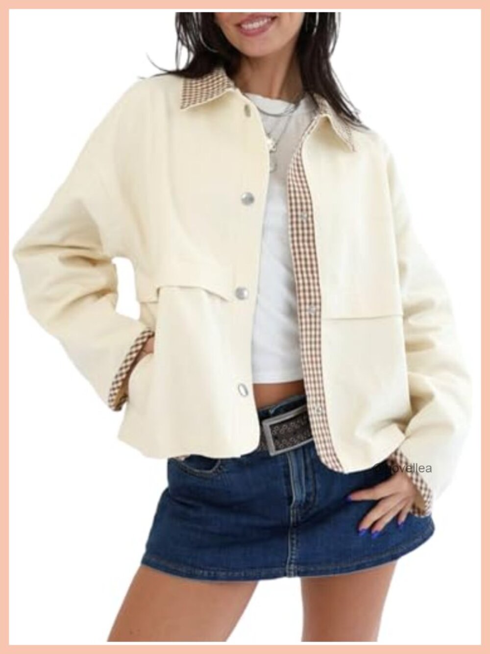 Womens Gingham Cropped Jacket Lightweight Lapel Short Trench Coat